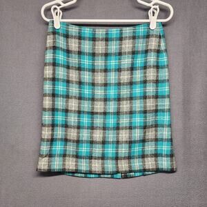 Talbots Pencil Skirt Women 2 Petite Wool Blend Lined Career Turquoise Grey Plaid